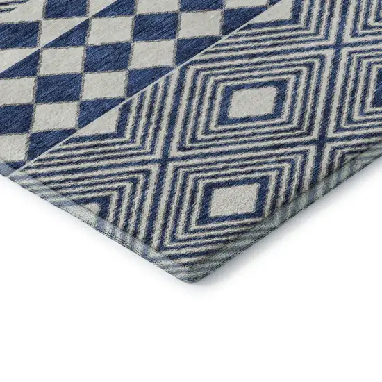 8' Navy Blue And Ivory Geometric Washable Round Rug With UV Protection Photo 7