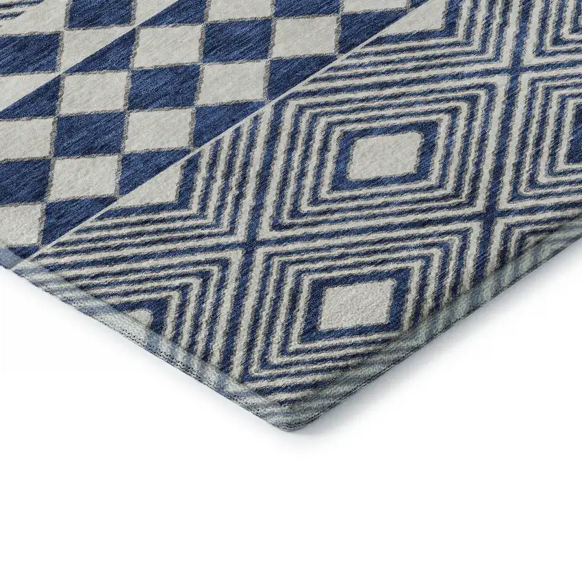 8' Navy Blue And Ivory Geometric Washable Round Rug With UV Protection Photo 7