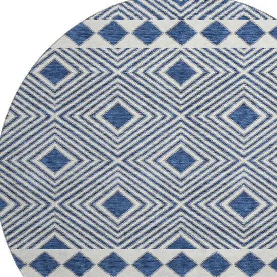 8' Navy Blue And Ivory Geometric Washable Round Rug With UV Protection Photo 4