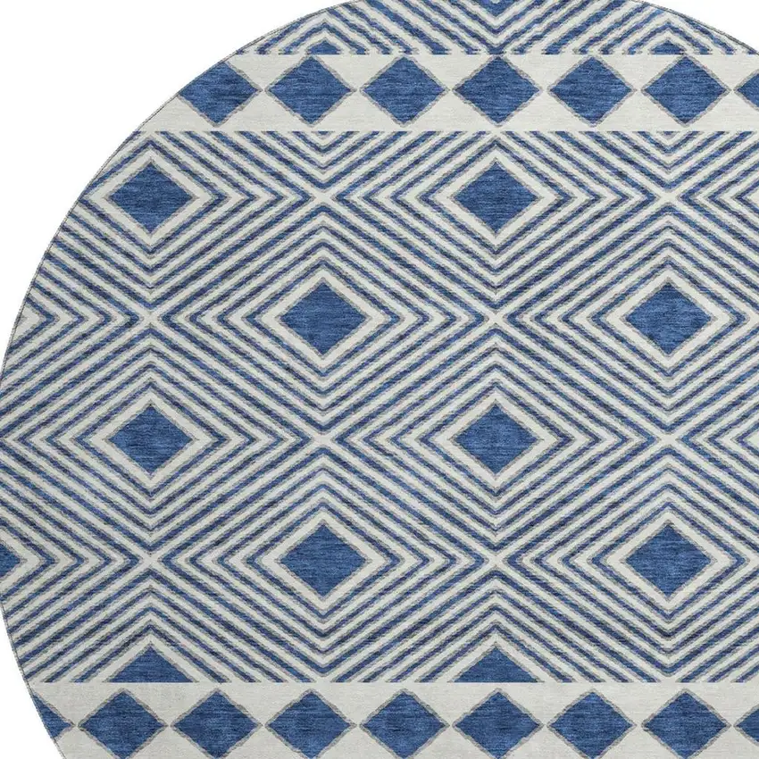 8' Navy Blue And Ivory Geometric Washable Round Rug With UV Protection Photo 4
