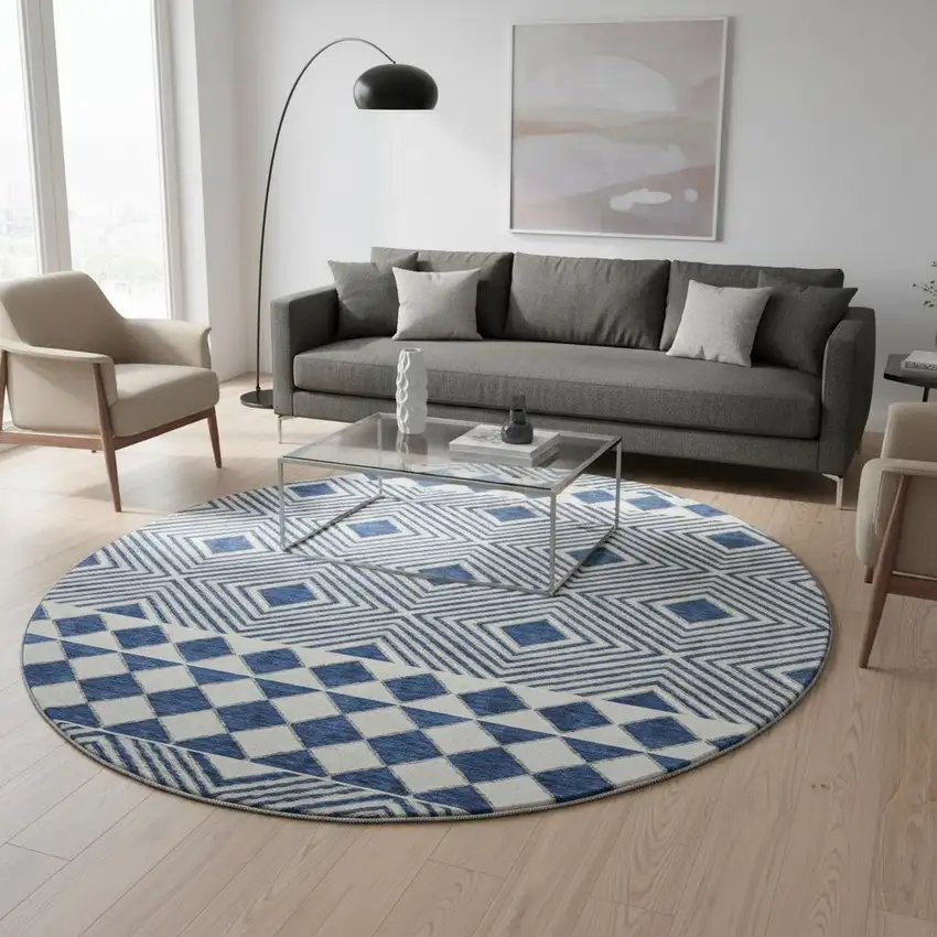 8' Navy Blue And Ivory Geometric Washable Round Rug With UV Protection Photo 2