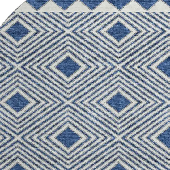 8' Navy Blue And Ivory Geometric Washable Round Rug With UV Protection Photo 3