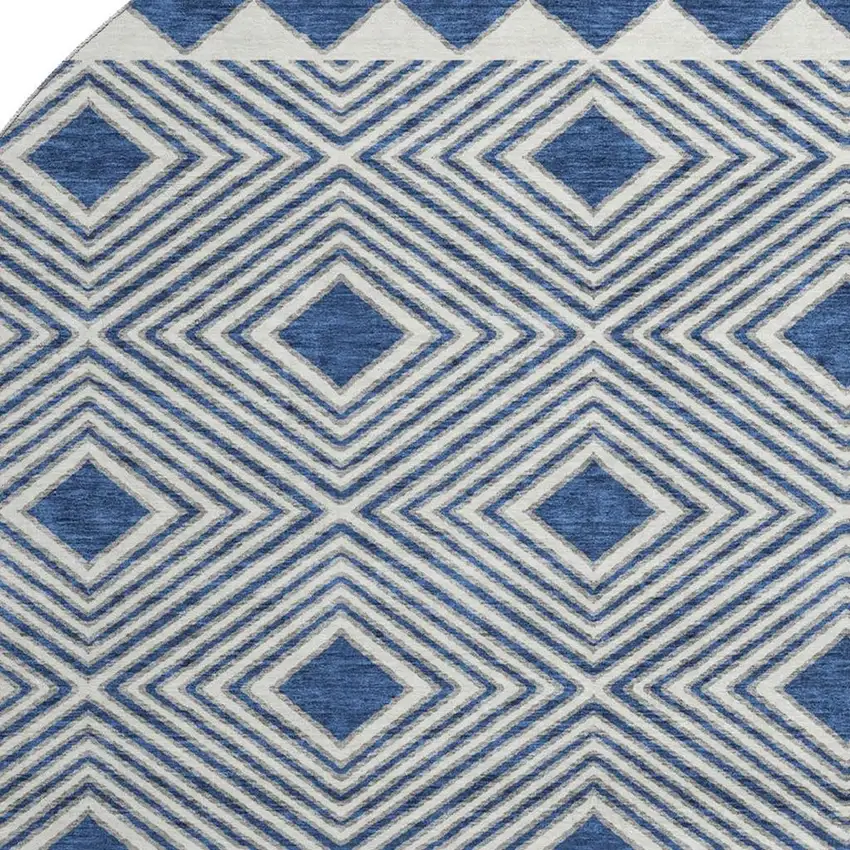 8' Navy Blue And Ivory Geometric Washable Round Rug With UV Protection Photo 3