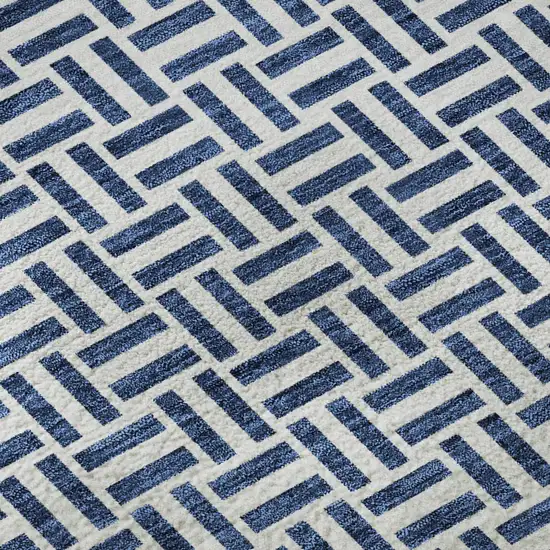 8' Navy Blue And Ivory Geometric Washable Round Rug With UV Protection Photo 9