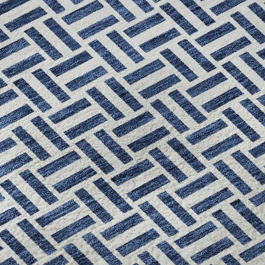 8' Navy Blue And Ivory Geometric Washable Round Rug With UV Protection Photo 9