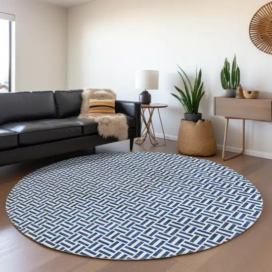 8' Navy Blue And Ivory Geometric Washable Round Rug With UV Protection Photo 5