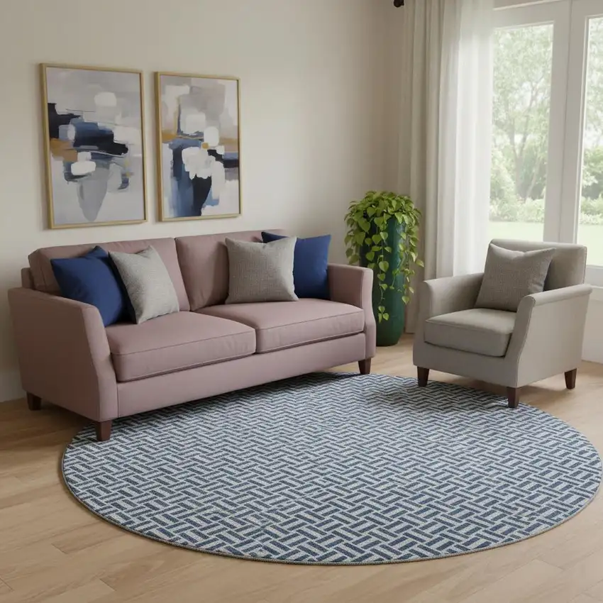 8' Navy Blue And Ivory Geometric Washable Round Rug With UV Protection Photo 1