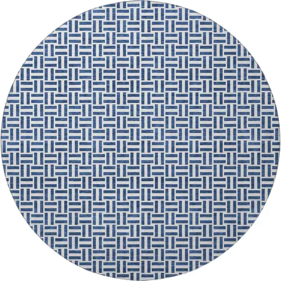 8' Navy Blue And Ivory Geometric Washable Round Rug With UV Protection Photo 4