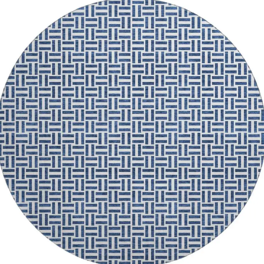 8' Navy Blue And Ivory Geometric Washable Round Rug With UV Protection Photo 3