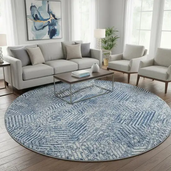 8' Navy Blue And Ivory Geometric Washable Round Rug With UV Protection Photo 2