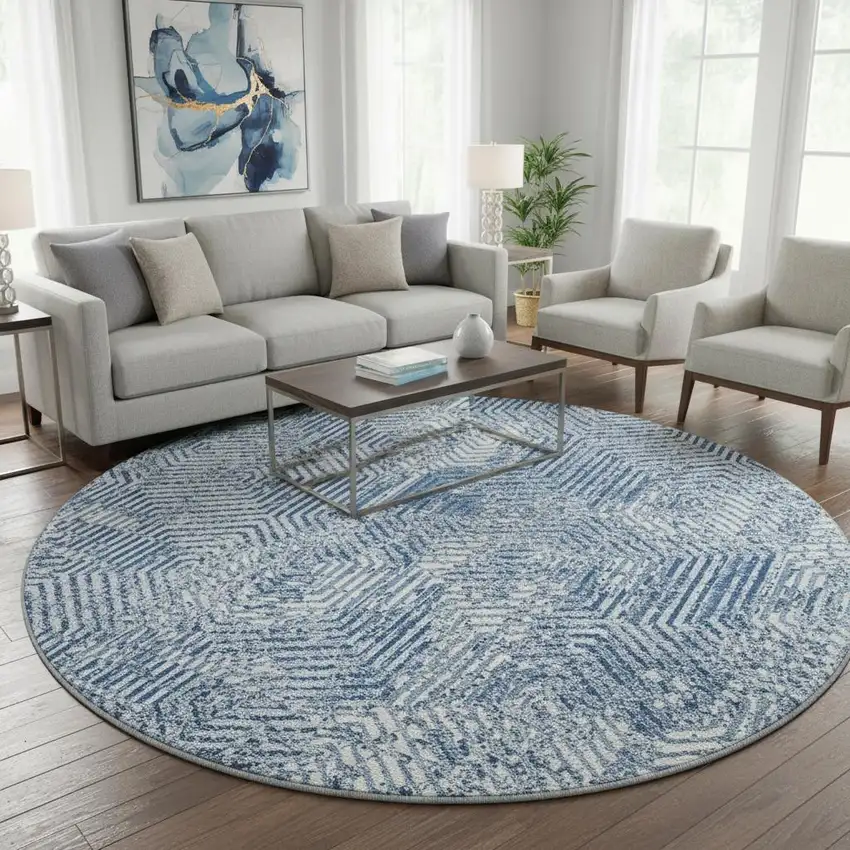 8' Navy Blue And Ivory Geometric Washable Round Rug With UV Protection Photo 2