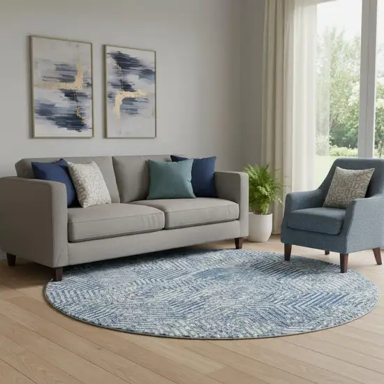 8' Navy Blue And Ivory Geometric Washable Round Rug With UV Protection Photo 1