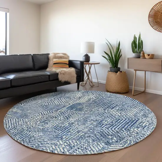 8' Navy Blue And Ivory Geometric Washable Round Rug With UV Protection Photo 5