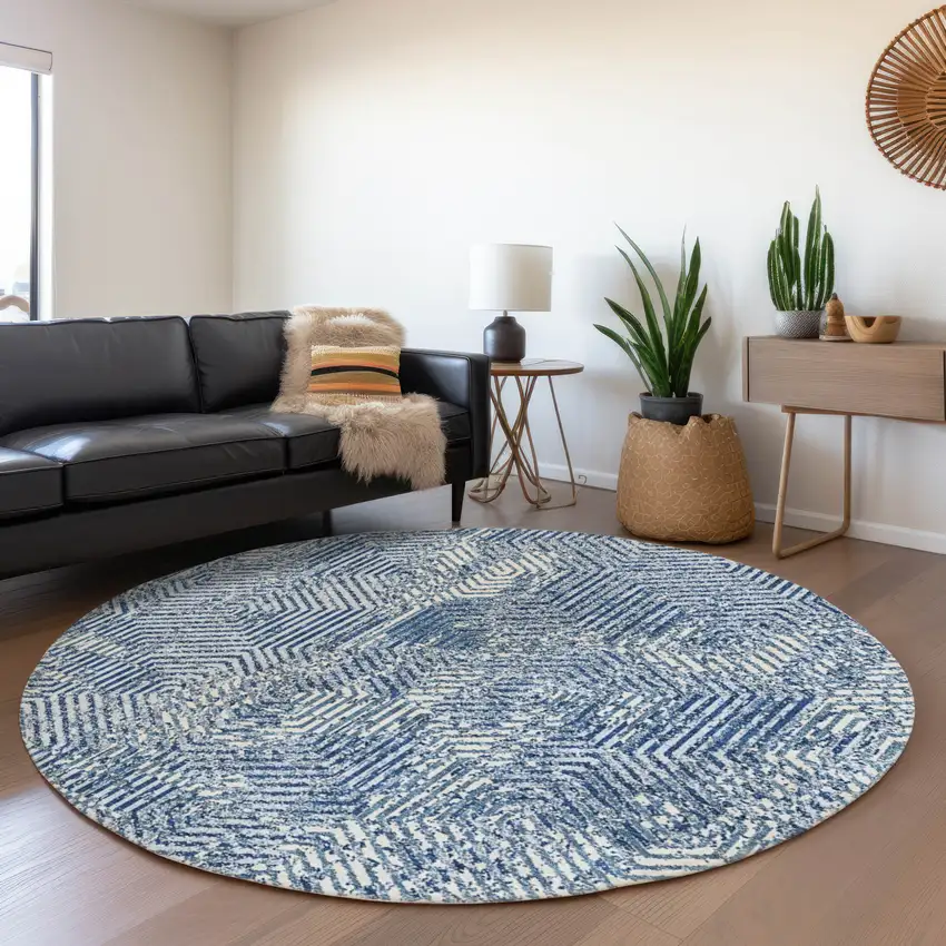 8' Navy Blue And Ivory Geometric Washable Round Rug With UV Protection Photo 5