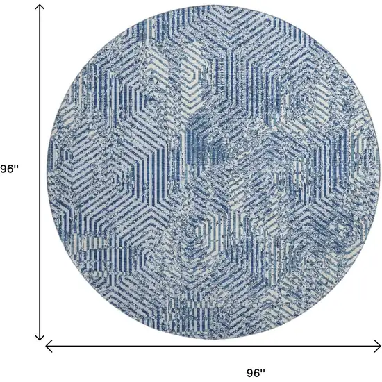 8' Navy Blue And Ivory Geometric Washable Round Rug With UV Protection Photo 3