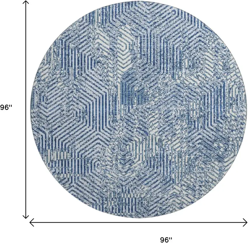 8' Navy Blue And Ivory Geometric Washable Round Rug With UV Protection Photo 3