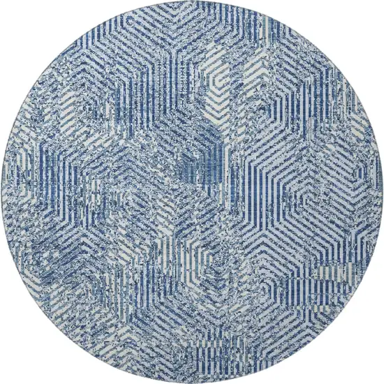 8' Navy Blue And Ivory Geometric Washable Round Rug With UV Protection Photo 4