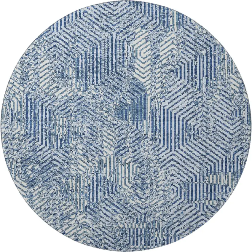 8' Navy Blue And Ivory Geometric Washable Round Rug With UV Protection Photo 4