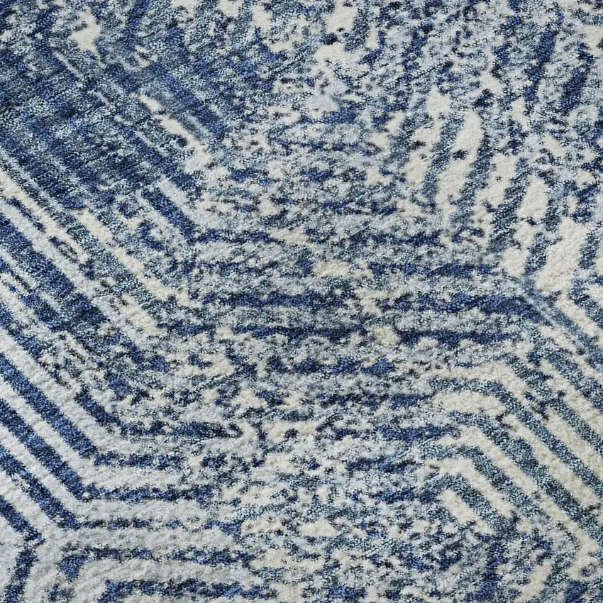 8' Navy Blue And Ivory Geometric Washable Round Rug With UV Protection Photo 9