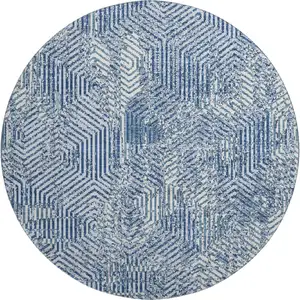 Photo of 8' Navy Blue And Ivory Geometric Washable Round Rug With UV Protection