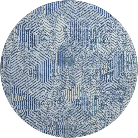 8' Navy Blue And Ivory Geometric Washable Round Rug With UV Protection Photo 1