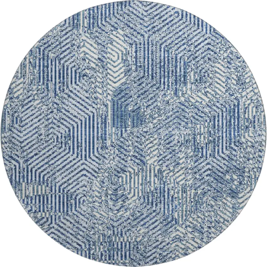 8' Navy Blue And Ivory Geometric Washable Round Rug With UV Protection Photo 1
