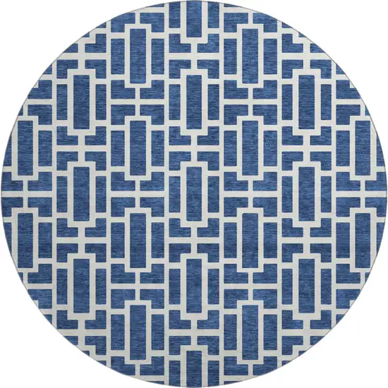 8' Navy Blue And Ivory Geometric Washable Round Rug With UV Protection Photo 1