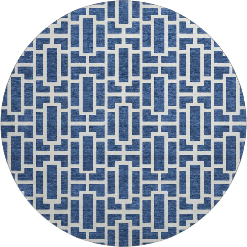 8' Navy Blue And Ivory Geometric Washable Round Rug With UV Protection Photo 1