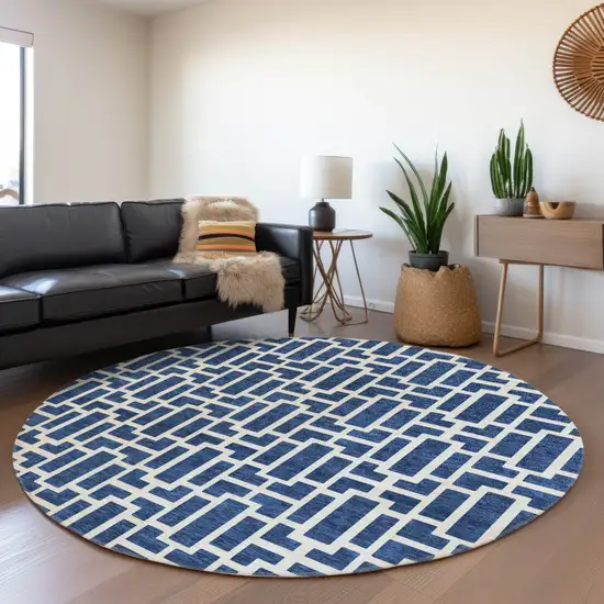 8' Navy Blue And Ivory Geometric Washable Round Rug With UV Protection Photo 4