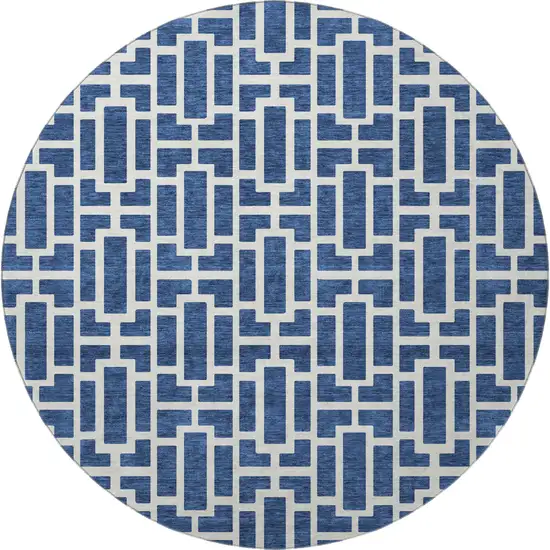 8' Navy Blue And Ivory Geometric Washable Round Rug With UV Protection Photo 3