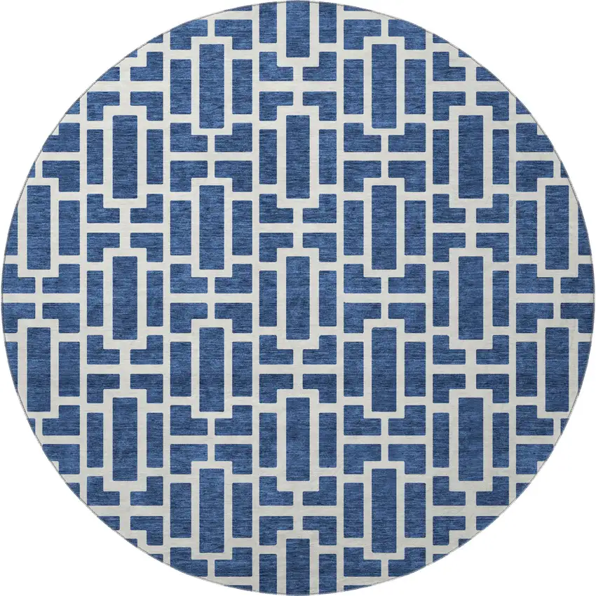 8' Navy Blue And Ivory Geometric Washable Round Rug With UV Protection Photo 3