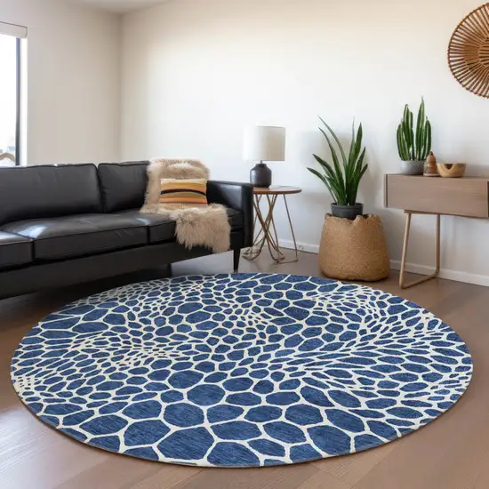 8' Navy Blue And Ivory Geometric Washable Round Rug With UV Protection Photo 5