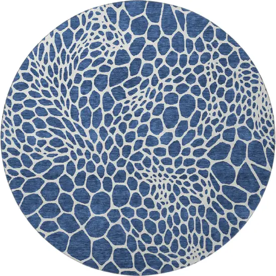 8' Navy Blue And Ivory Geometric Washable Round Rug With UV Protection Photo 4