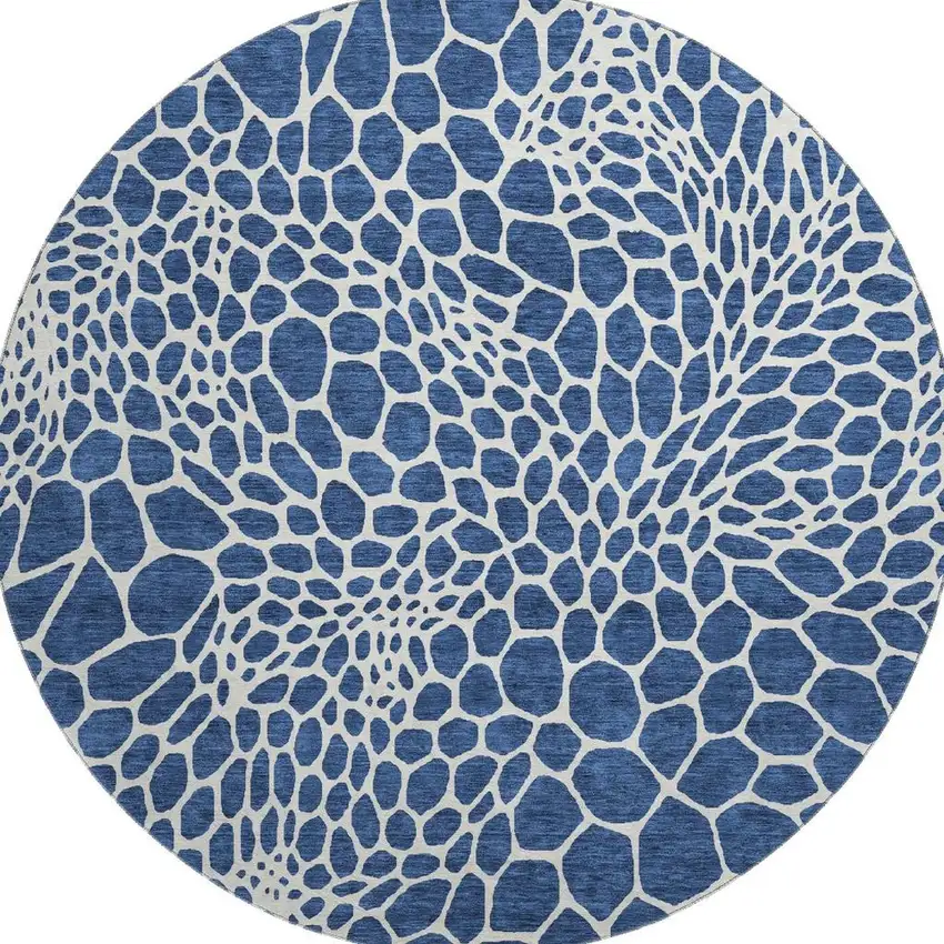 8' Navy Blue And Ivory Geometric Washable Round Rug With UV Protection Photo 3