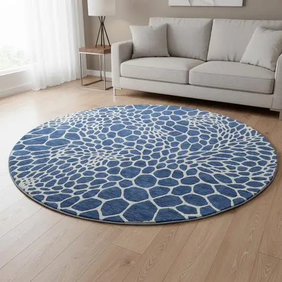 8' Navy Blue And Ivory Geometric Washable Round Rug With UV Protection Photo 2