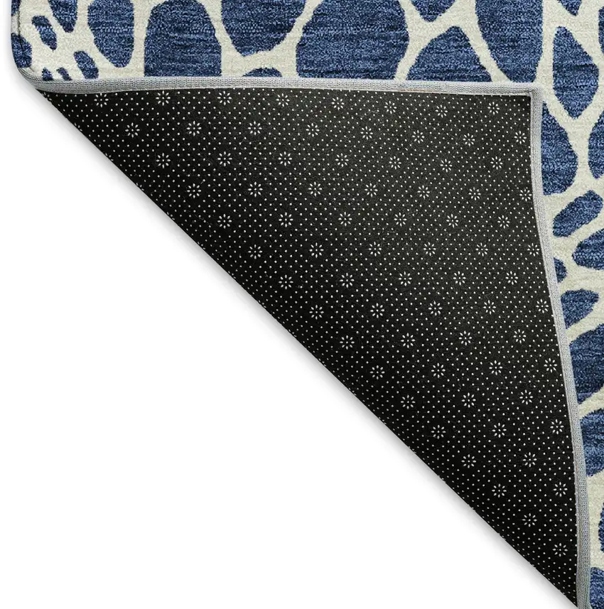 8' Navy Blue And Ivory Geometric Washable Round Rug With UV Protection Photo 6