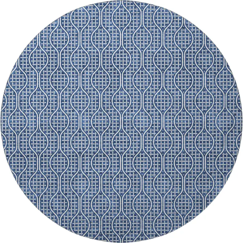 8' Navy Blue And Ivory Geometric Washable Round Rug With UV Protection Photo 3