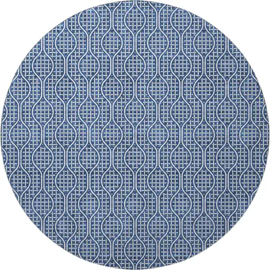 8' Navy Blue And Ivory Geometric Washable Round Rug With UV Protection Photo 3