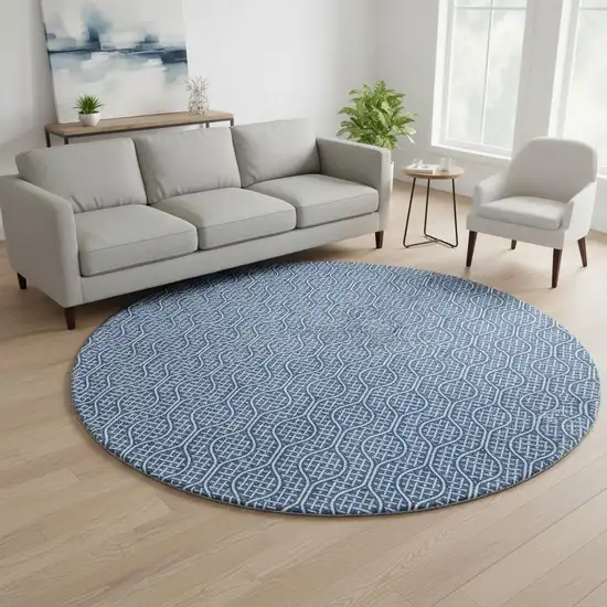 8' Navy Blue And Ivory Geometric Washable Round Rug With UV Protection Photo 2