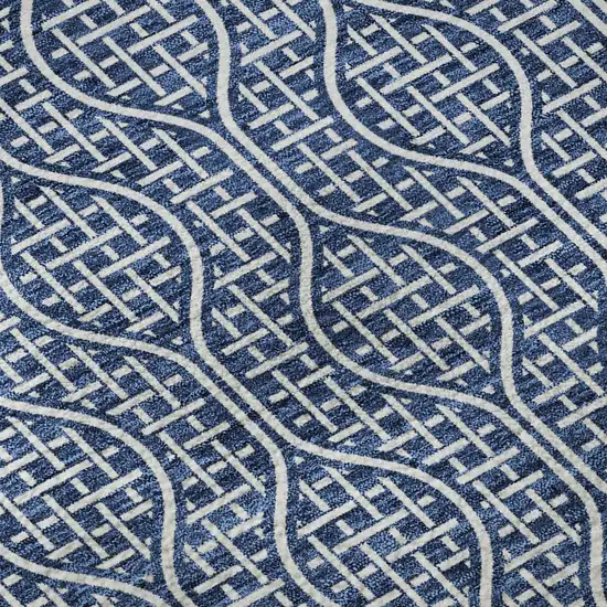 8' Navy Blue And Ivory Geometric Washable Round Rug With UV Protection Photo 8