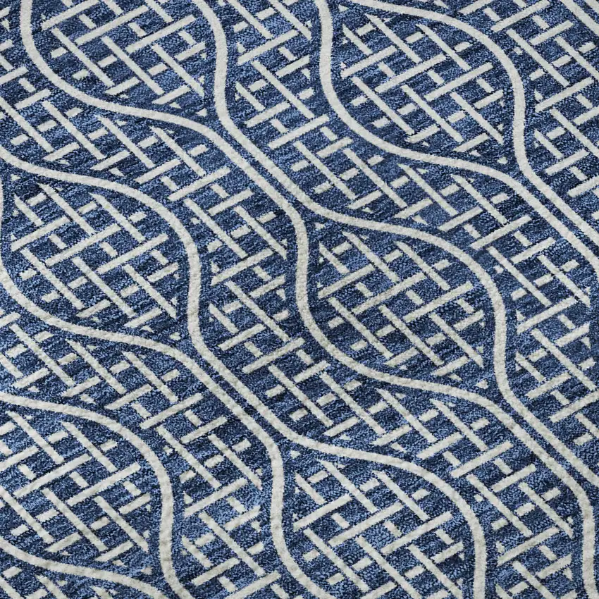 8' Navy Blue And Ivory Geometric Washable Round Rug With UV Protection Photo 8