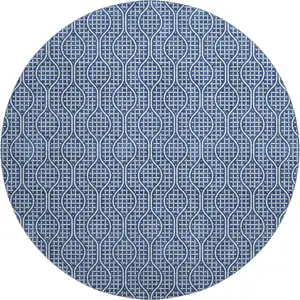 Photo of 8' Navy Blue And Ivory Geometric Washable Round Rug With UV Protection