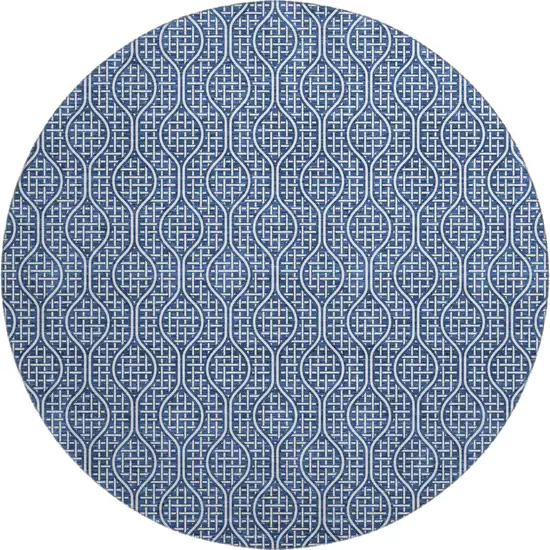 8' Navy Blue And Ivory Geometric Washable Round Rug With UV Protection Photo 1