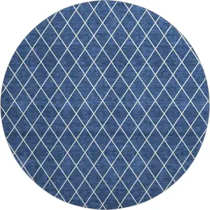 Photo of 8' Navy Blue And Ivory Geometric Washable Round Rug With UV Protection