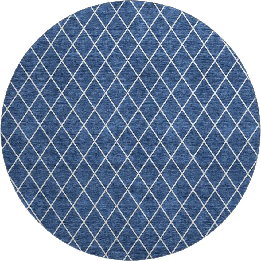 8' Navy Blue And Ivory Geometric Washable Round Rug With UV Protection Photo 1