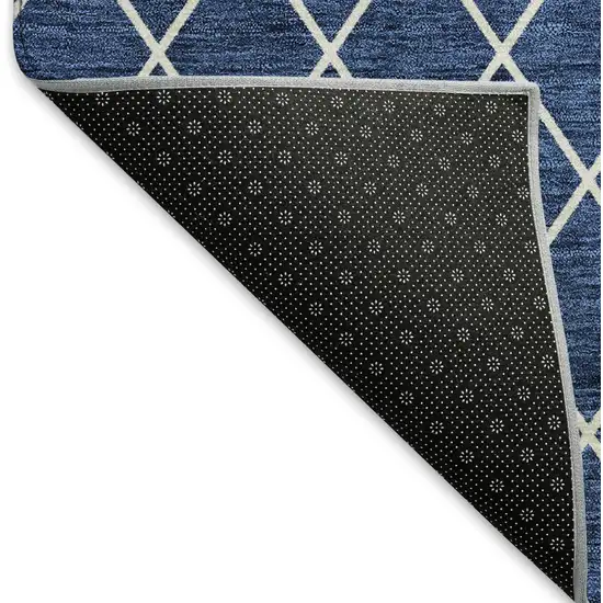 8' Navy Blue And Ivory Geometric Washable Round Rug With UV Protection Photo 5