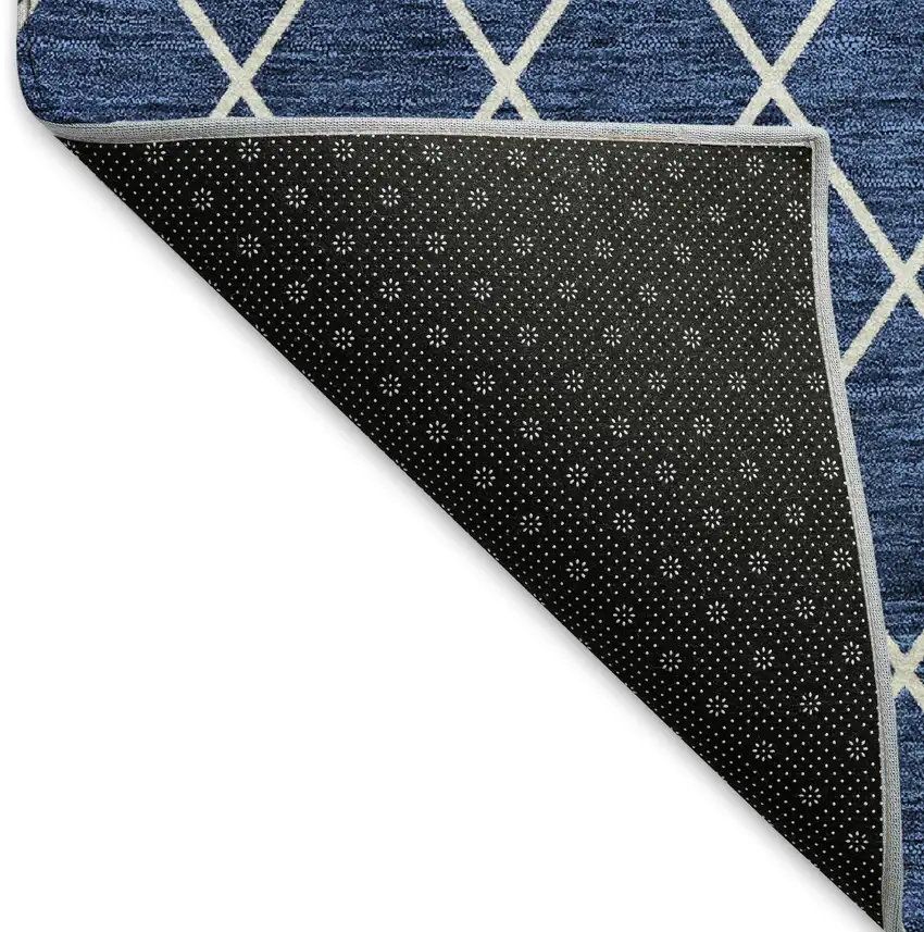 8' Navy Blue And Ivory Geometric Washable Round Rug With UV Protection Photo 5