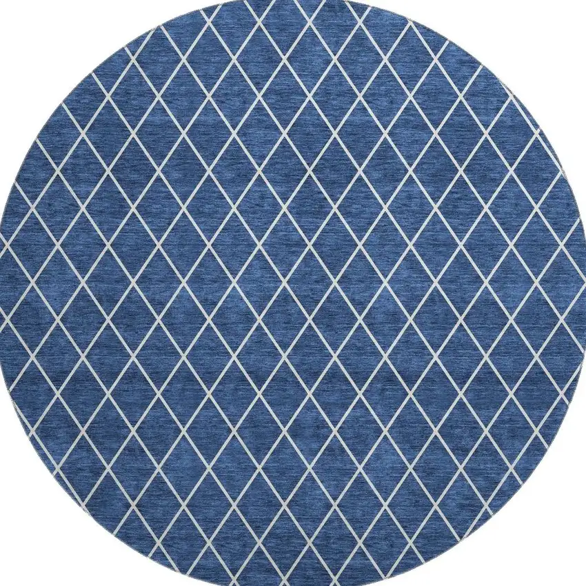 8' Navy Blue And Ivory Geometric Washable Round Rug With UV Protection Photo 3