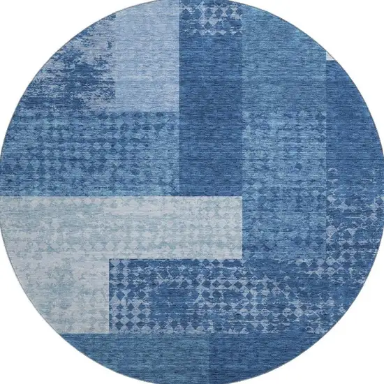 8' Navy Blue And Ivory Geometric Washable Round Rug With UV Protection Photo 3