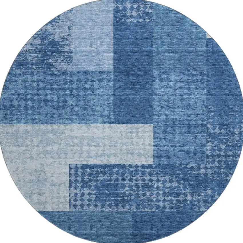8' Navy Blue And Ivory Geometric Washable Round Rug With UV Protection Photo 3